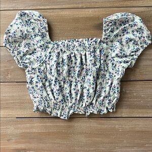 Zara Kids Floral Puff Sleeve Top - Cream and Blue